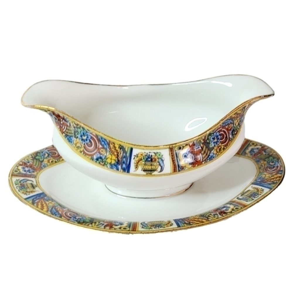 VTG Antique Limoges France Gravy Sauce Boat Red Blue Yellow Floral Pattern